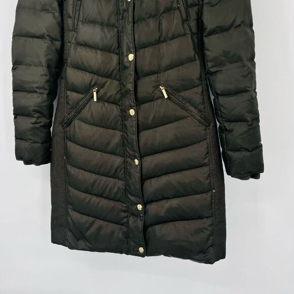 Michael Kors Gunmetal Faux-Fur-Trim Hooded Chevron Down Puffer Parka Coat Small - Picture 4 of 10